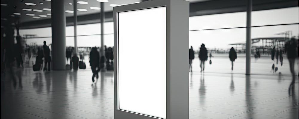 large spacious station hall with people and standing on floor blank lightbox mockup